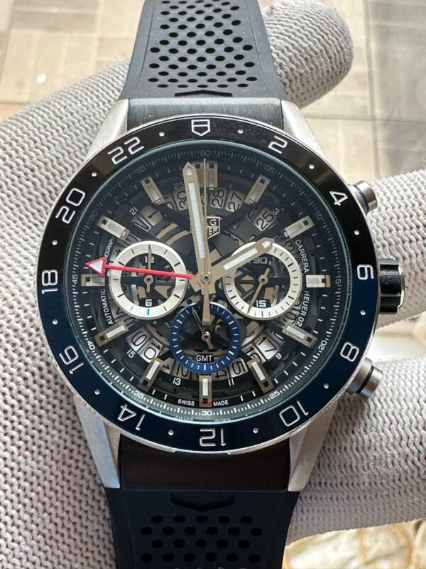 Carrera Calibre Heuer 02 Batman Bezel GMT Skeleton Dial Rubber Strap Men's Watch
